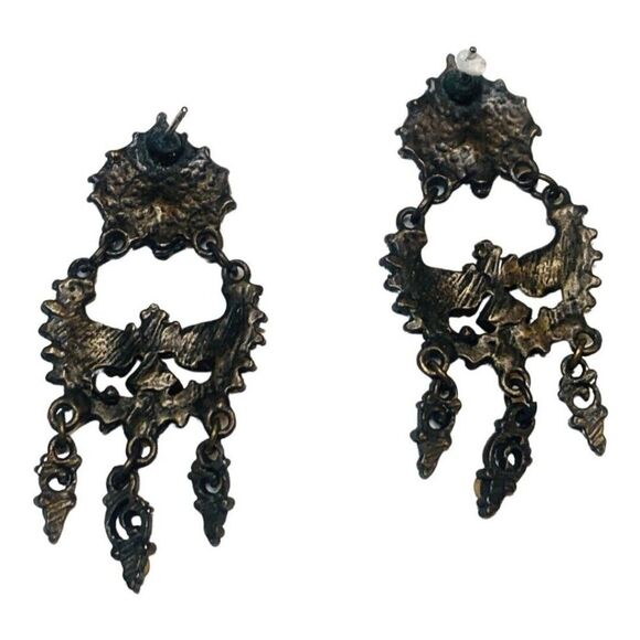 Vintage Women’s Bronze Tone Chandelier Dangle Brown Enamel Pierced Earrings - Picture 5 of 6